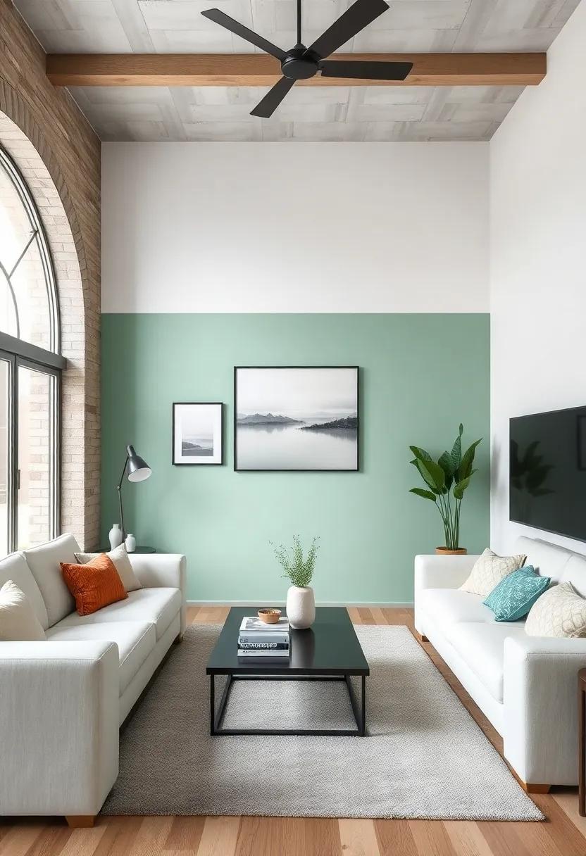 Explore the mood-lifting effects⁤ of‌ a ​mint green⁢ accent wall, harmonized with white furniture and dark accents,‌ turning ⁤your living room⁣ into a serene⁢ retreat