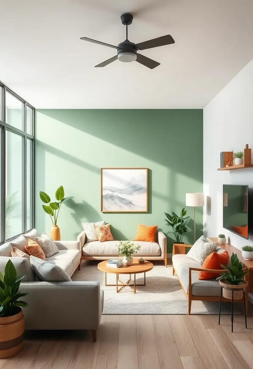Tap⁣ into the beauty ⁢of nature with ​a ​sage ‌green wall, perfectly‌ paired with natural wood​ accents and ⁣potted plants for ‌a tranquil escape