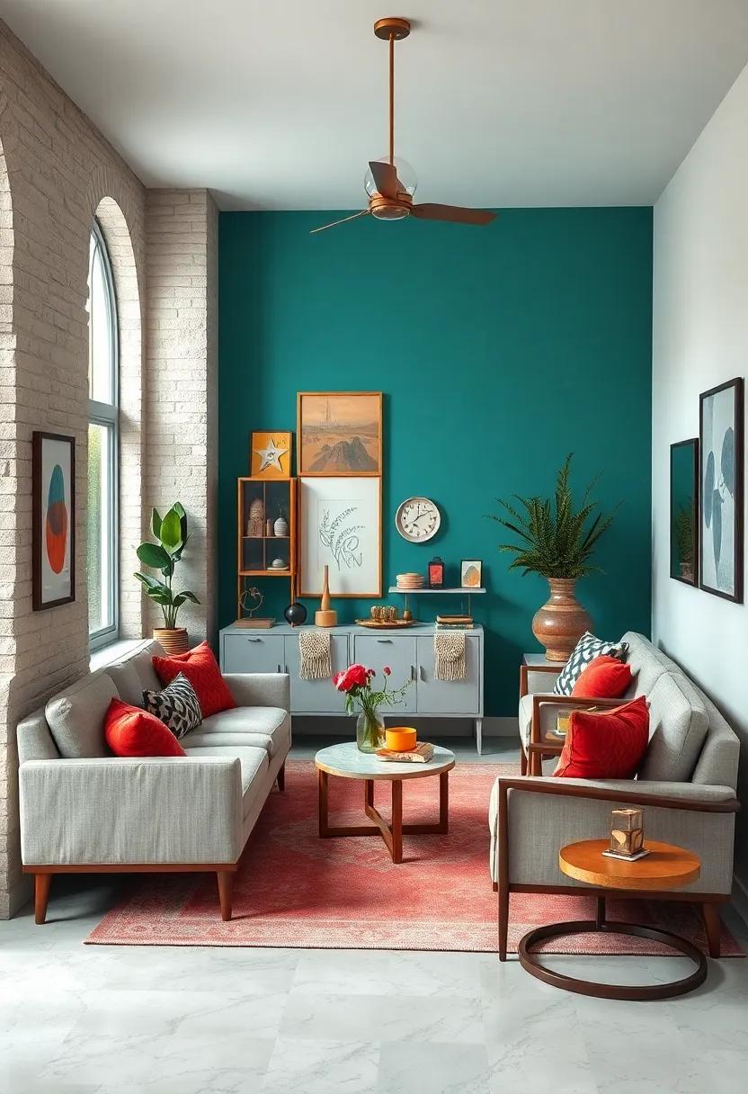 Channel⁤ vintage⁣ vibes with a retro-inspired teal⁤ wall ‌that⁣ showcases eclectic⁢ decor and cozy seating, making ⁣your ⁣living⁢ room a ⁤conversation starter