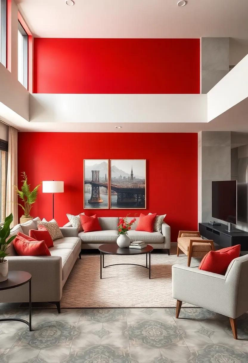 Dive into a bold red ​accent wall ⁢that exudes ‌passion and warmth, beautifully‍ setting off neutral‌ furnishings and vibrant art pieces⁤ for ​drama