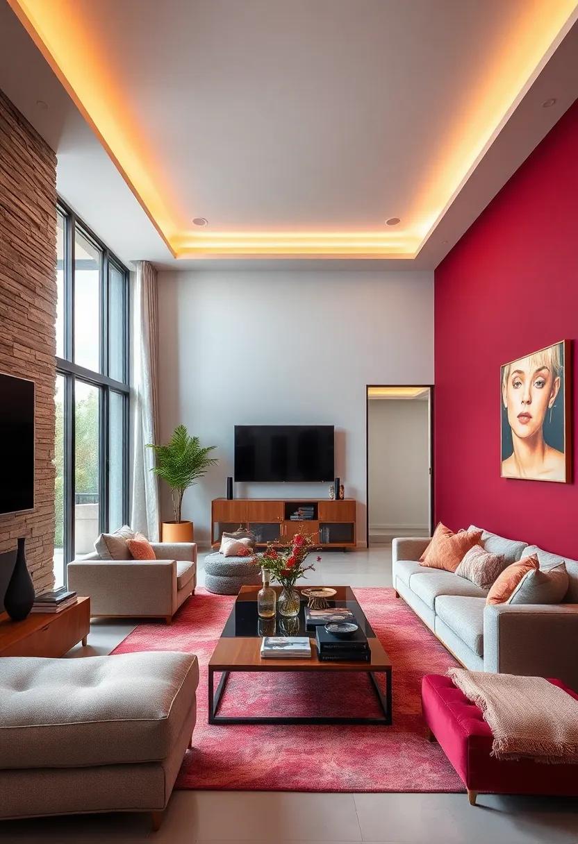 Let‍ a ‍dramatic burgundy wall set a rich tone for your living room,‍ enhanced with luxe materials ⁢and golden accents for a sumptuous ⁣feel
