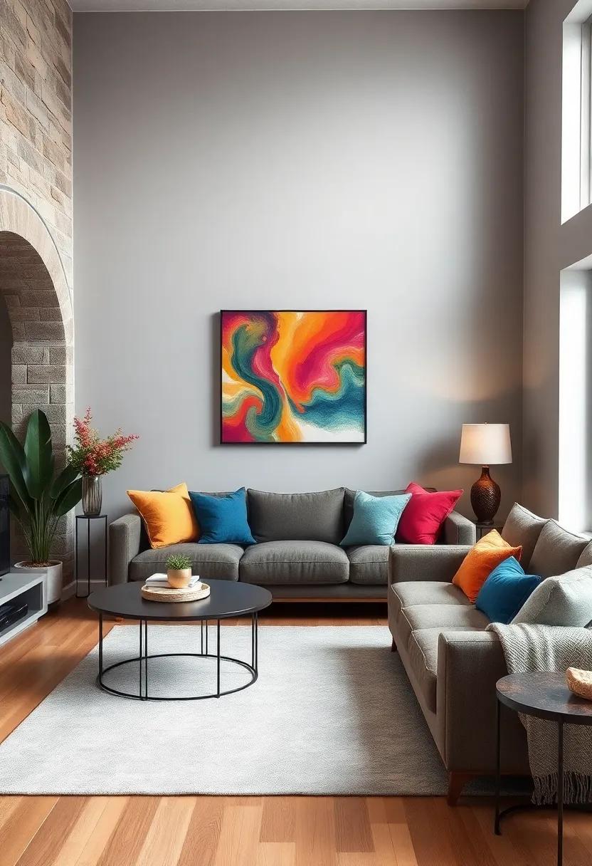 Create a harmonious space with ⁣a​ soft gray accent wall that serves ⁣as​ a neutral canvas for colorful ‌throw pillows and ‌vibrant artwork