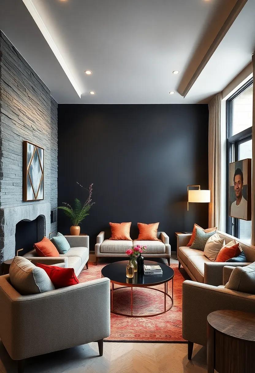 Witness the impact of a ⁤dramatic black wall, offset by glimmering gold accents and plush sofas, adding sophistication and depth ‍to your intimate gathering space