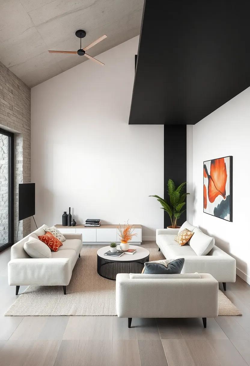 Celebrate⁤ minimalist aesthetics with⁢ a crisp ​white wall featuring a bold black stripe, ⁢providing ‍a modern edge‍ without overwhelming the senses