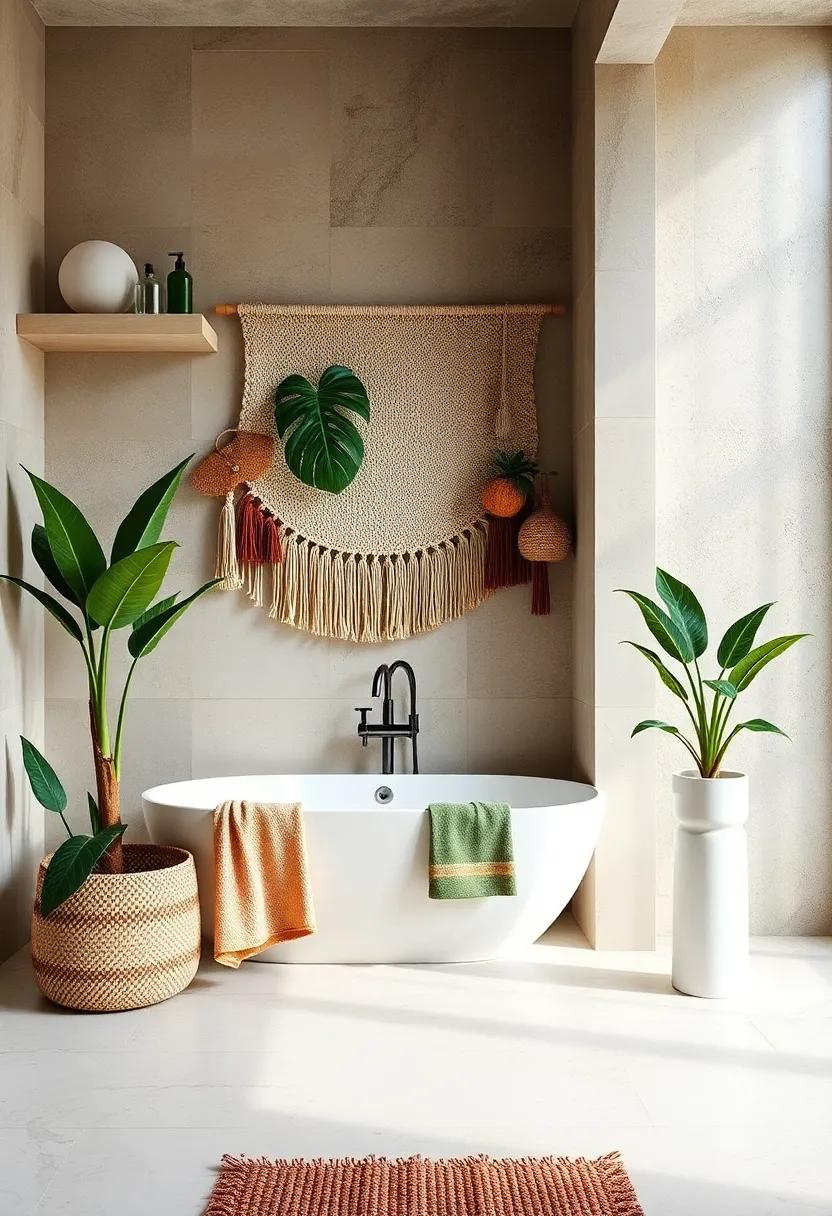 Woven Wall Hangings: ​Add texture and warmth to your bathroom with woven wall hangings made of natural fibers, incorporating tropical colors and patterns for a bohemian feel