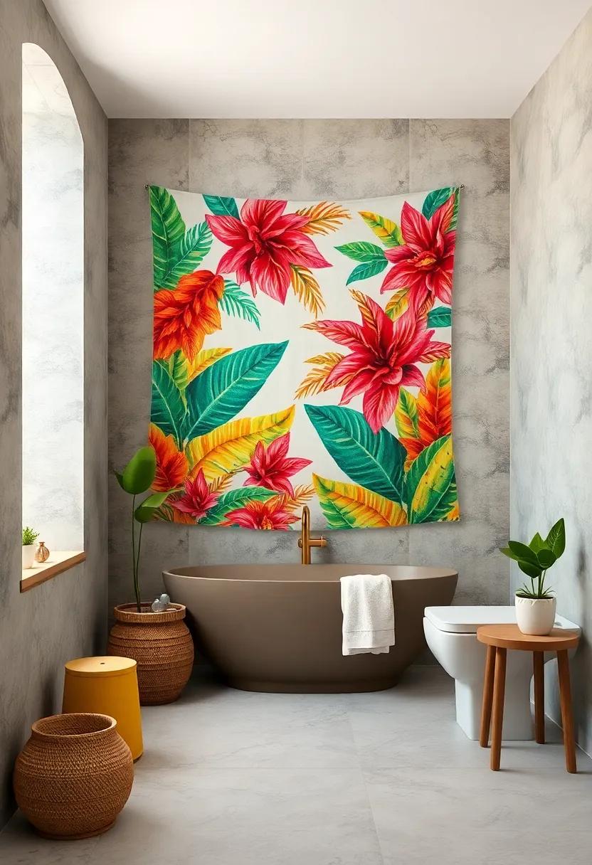 A Colorful Tapestry: hang a vibrant⁣ tapestry that embodies tropical themes, instantly⁣ adding splashes of color while providing an⁤ artistic flair to your bathroom