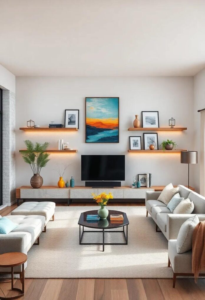 27-stunning-ways-to-arrange-floating-shelves-and-artwork-in-your-living-room.jpg 27 Stunning Ways to Arrange Floating Shelves and Artwork in Your Living Room