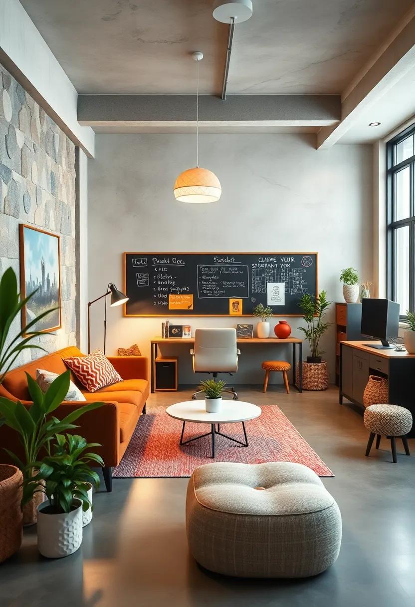 Interactive elements: Incorporate a chalkboard or whiteboard wall where you can jot down ideas, brainstorm, or simply doodle during breaks