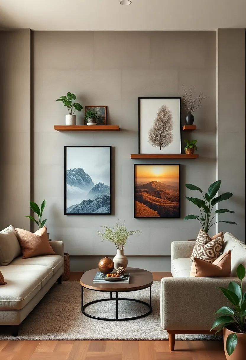 Nature's Touch: Incorporate ⁢plants along‍ with your artwork ⁤on the shelves to bring a fresh,organic element into ⁤your ​living room