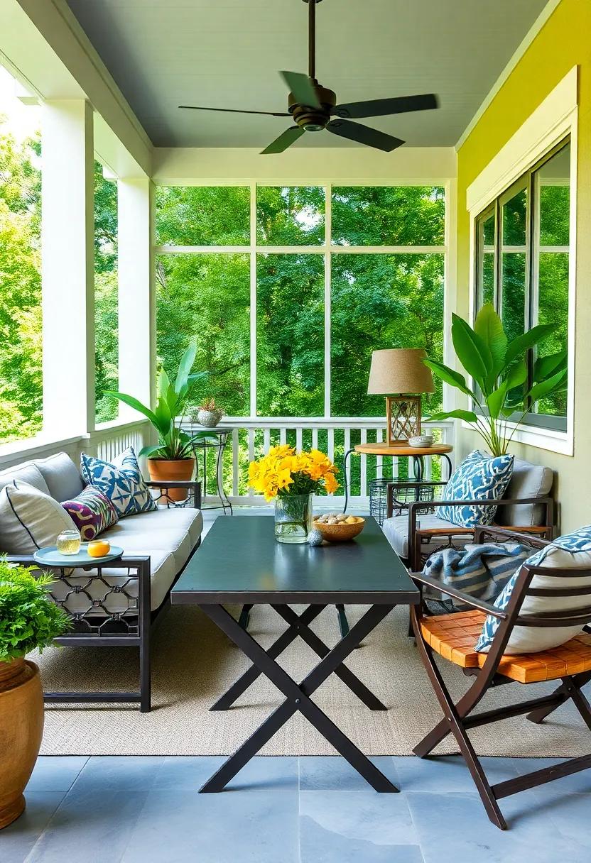 Sport​ an industrial edge⁣ with a metal foldable table featuring exposed rivets, perfect for an urban-themed screened porch ⁣that doesn't⁢ compromise‌ on style