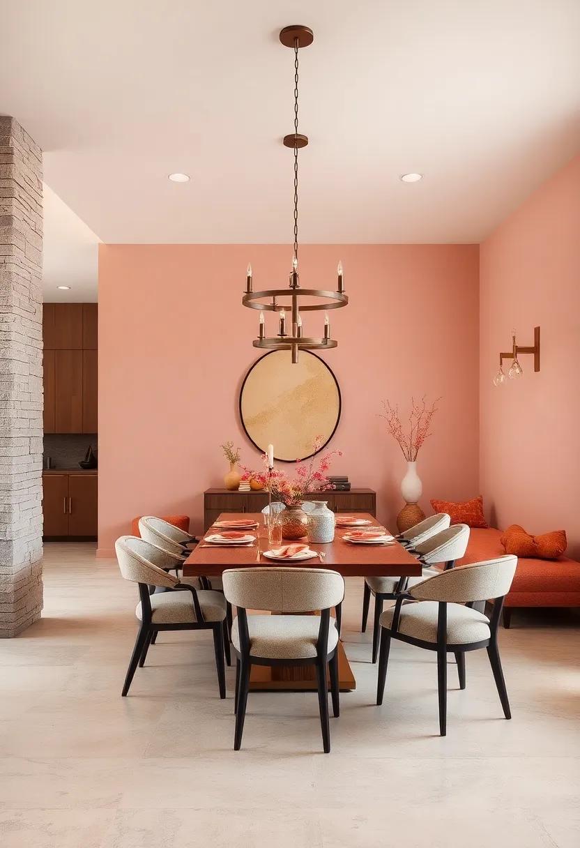 Blush and Bronze: Elegant blush tones ​on the walls paired with bronze fixtures create a sophisticated yet comforting dining experience