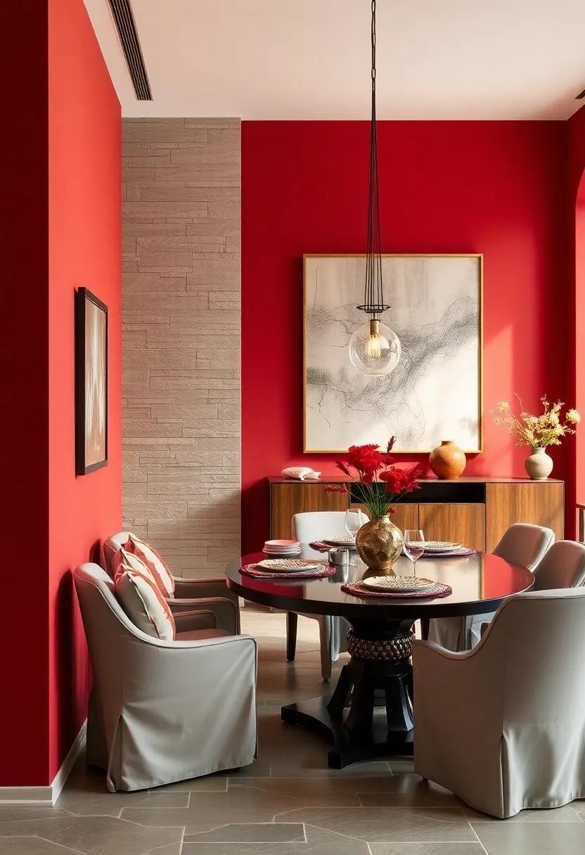 Bold Red Accents: An‌ elegant dining space featuring deep crimson walls that ⁣pop against neutral furniture, infusing‌ the room with energy and warmth