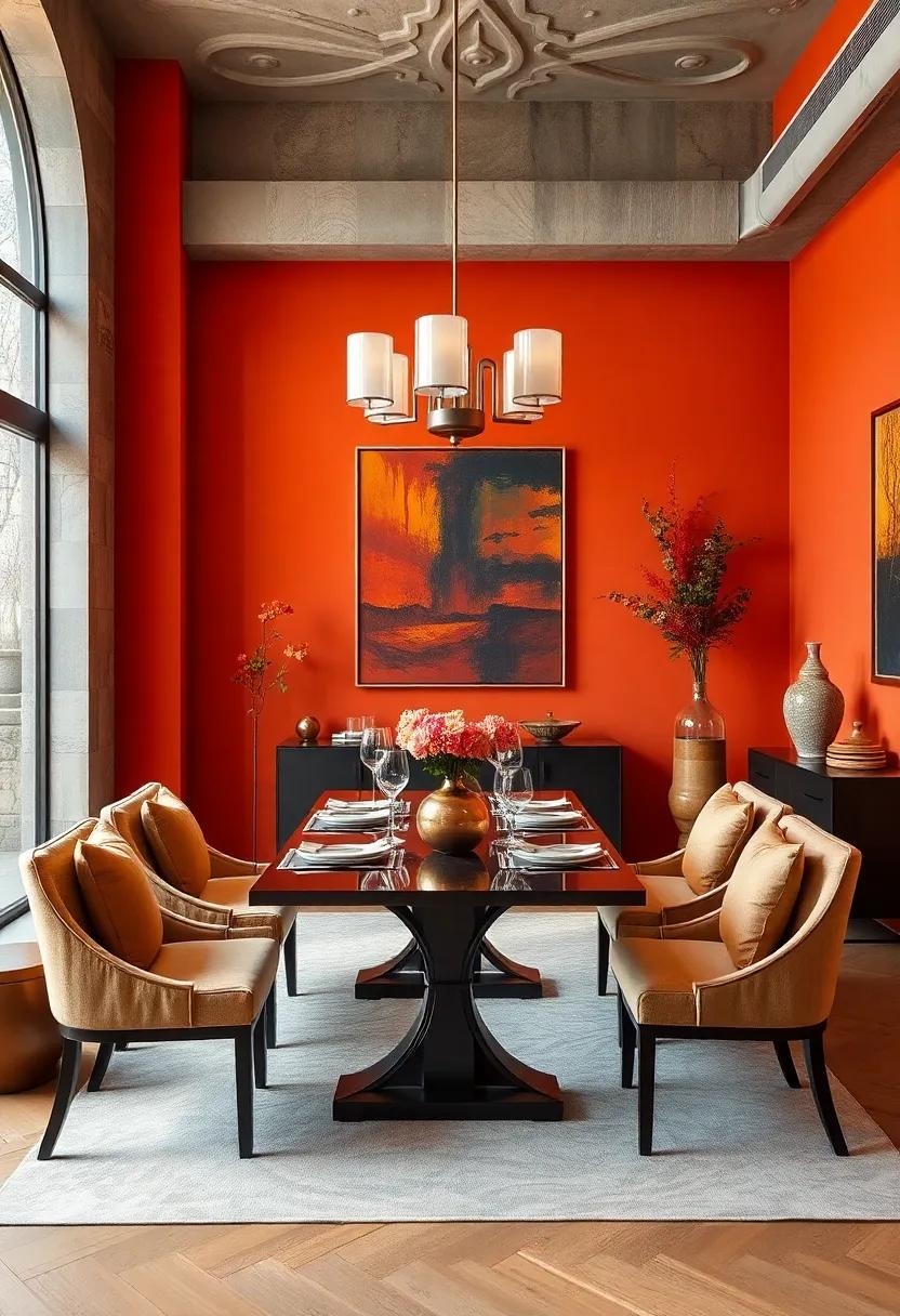 Burnt Orange Elegance: A sophisticated setting with burnt orange walls, chic furnishings, and statement art pieces that create a vibrant yet⁣ elegant dining ​experience