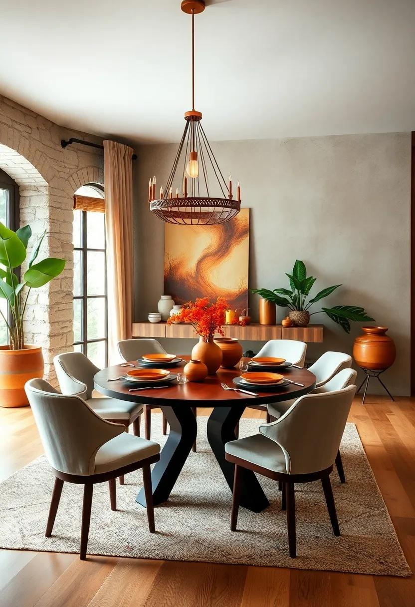 Copper and Clay: Combining rich​ copper‌ elements with terracotta pots and warm wood, this dining room tells a story of comfort and earthiness