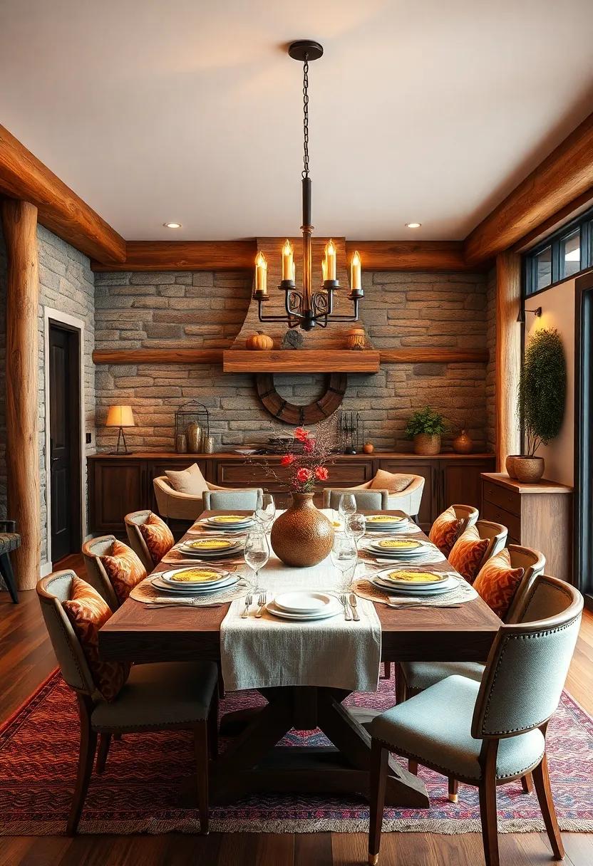 Cozy Cabin Vibes: Featuring log cabin decor, a rustic table, and warm lighting, this dining room is the epitome of comfort, inviting friends to linger over long conversations