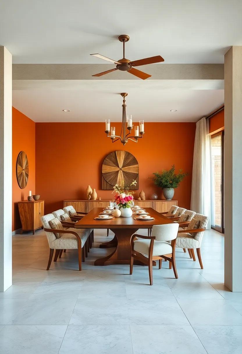 Cozy ​Earthy Hues: A dining room anchored in​ rich terracotta walls and soft beige accents, creating a warm and inviting atmosphere for family meals