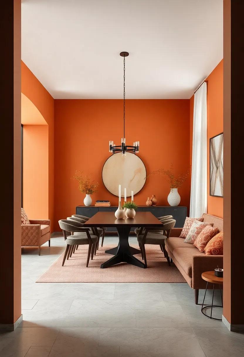 Deep Ocher Delight: A ⁣dining room ​with deep ocher ​walls and artfully arranged decor pieces that ⁢elevate the space while maintaining a comfortable vibe