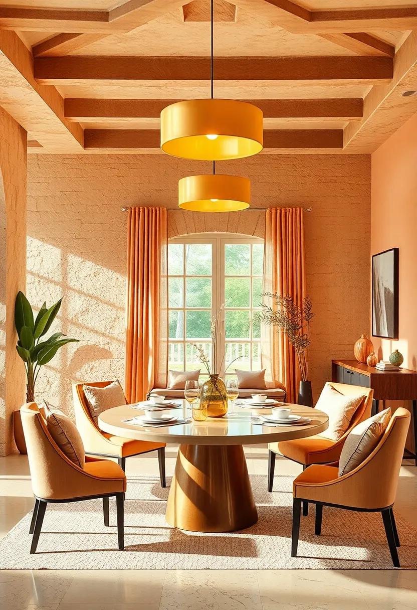 golden Glow:​ Warm, golden lighting fixtures cast a soft glow over a round dining table,⁣ enhancing the inviting feel of a room dressed in⁢ soft peach tones