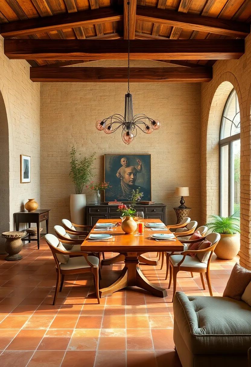 Italian Villa Inspiration: A Tuscan-inspired dining room features‌ classic warm terracotta tiles, wooden beams, and a color palette that encourages relaxation