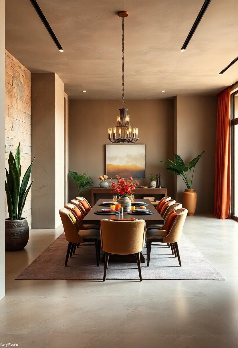 Lush Fabrics: Rich textiles in warm hues ​and layered patterns create depth and a tactile experience in this inviting dining space