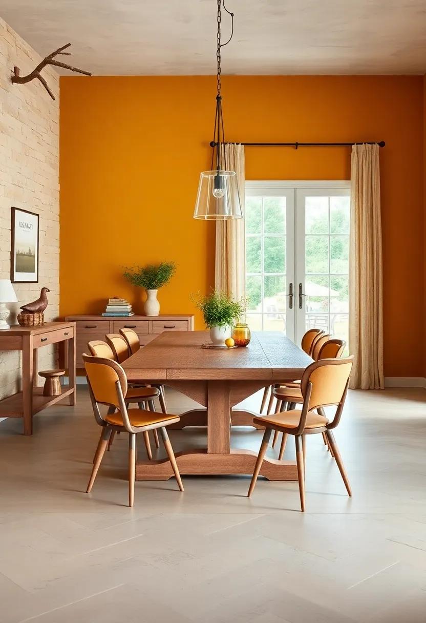 Rustic Charm: A wooden farmhouse table surrounded⁣ by ⁤mismatched chairs, complemented by‍ a backdrop ​of deep ⁣mustard yellow, inviting casual gatherings