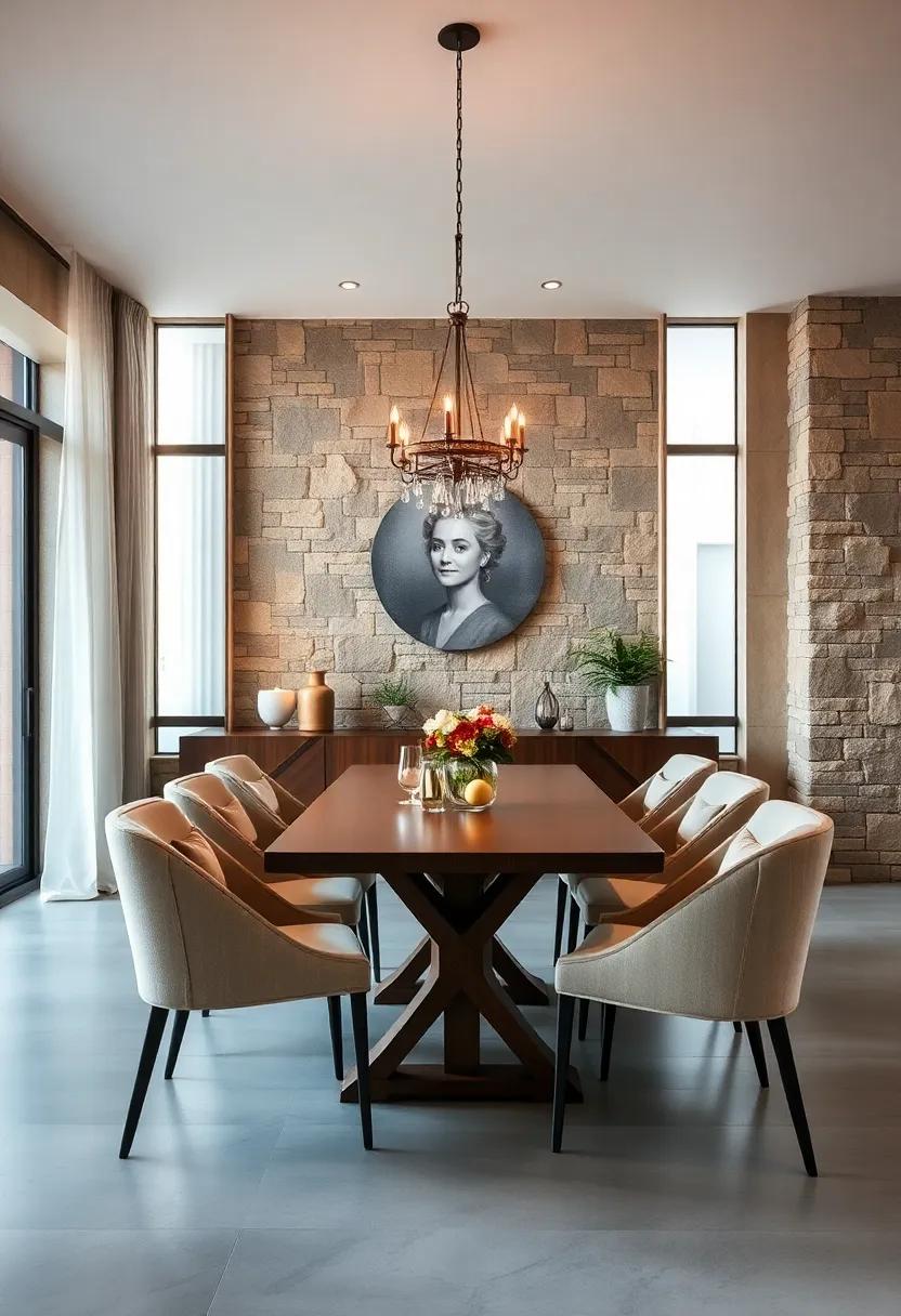 Rustic Stone Settings: A stone feature ⁢wall in warm tones provides ⁣a rustic charm to this dining ​room, blending comfort and style effortlessly