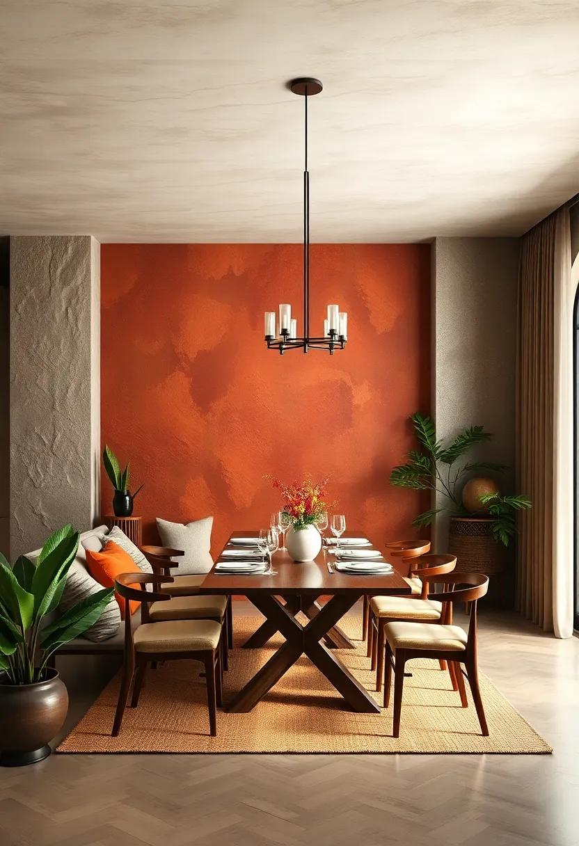 Spicy Terracotta: A lush terracotta mural adds drama to this stylish ​dining space,harmonizing beautifully with⁣ the warm woods of the furniture