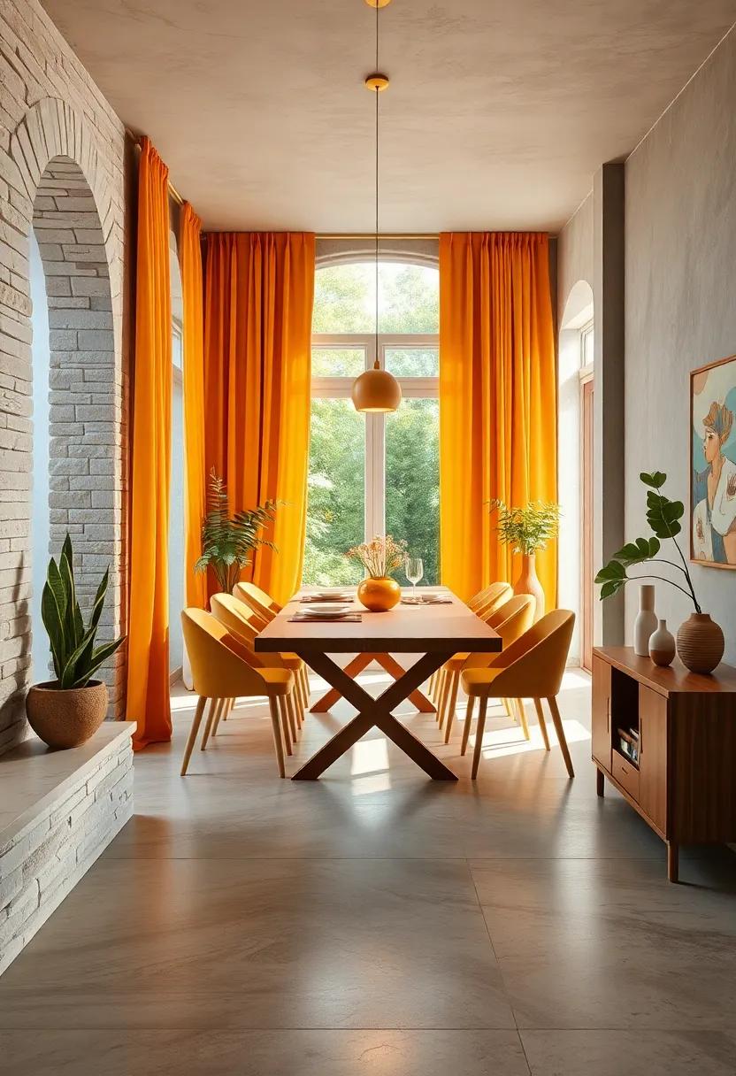Sunlit Saffron: A cheerful dining area⁤ illuminated by ‍natural light,⁤ adorned ​with saffron drapes and ​a⁣ complementary wooden table, radiating a sense of​ optimism