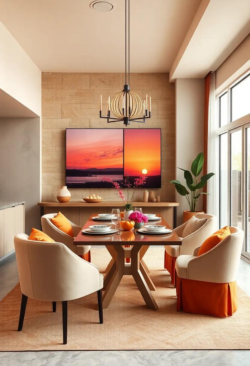 Sunset-inspired ⁢Palette: Warm oranges‌ and soft‍ purples intertwine in this stylish dining room, drawing inspiration from a beautiful sunset for ‍a serene dining vibe