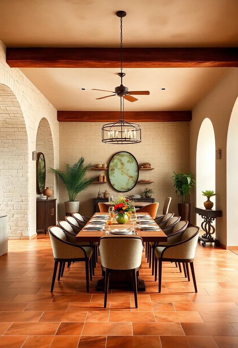 Terracotta Textures: Emphasizing traditional Mediterranean flair, this dining room features terracotta tiles and warm wooden beams that breathe life into every meal