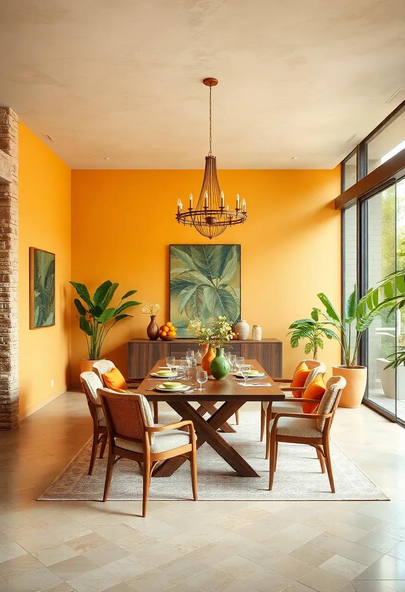 Vibrant ⁣Tropical Escape: A ⁤dining room bursting with warm tropical colors complemented by ⁢natural wood accents, promoting an inviting atmosphere that feels like an endless summer