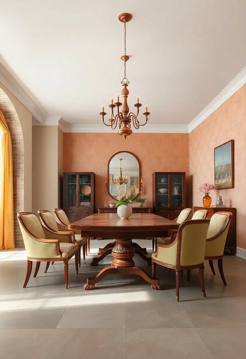 Vintage Styling: An antique table ‍with elegant ⁣patina sits beneath an ornate chandelier, ⁤highlighted by the warm hues of the room's peach wallpaper