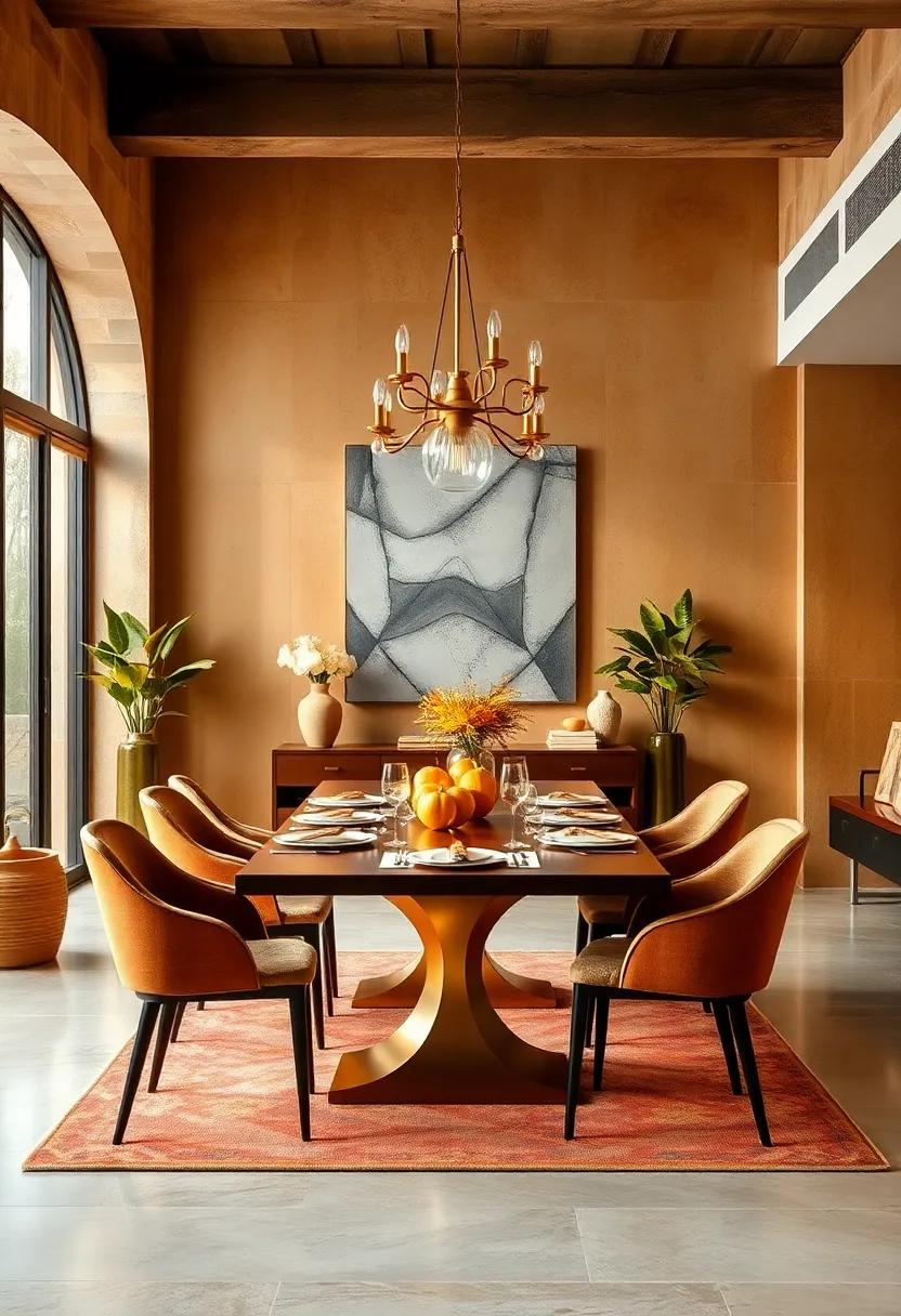 Warm Metallics: A modern twist on warmth, this dining room features gold accents and warm-toned decor,‍ creating a sophisticated and inviting setting